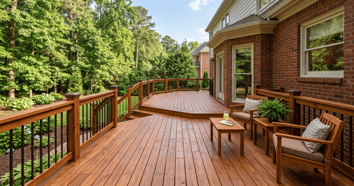 Beautiful freshly stained wood deck on an upscale suburban home in Dunwoody Georgia. Rich warm cedar brown stain, natural wood grain visible, clean railings, sunny afternoon light