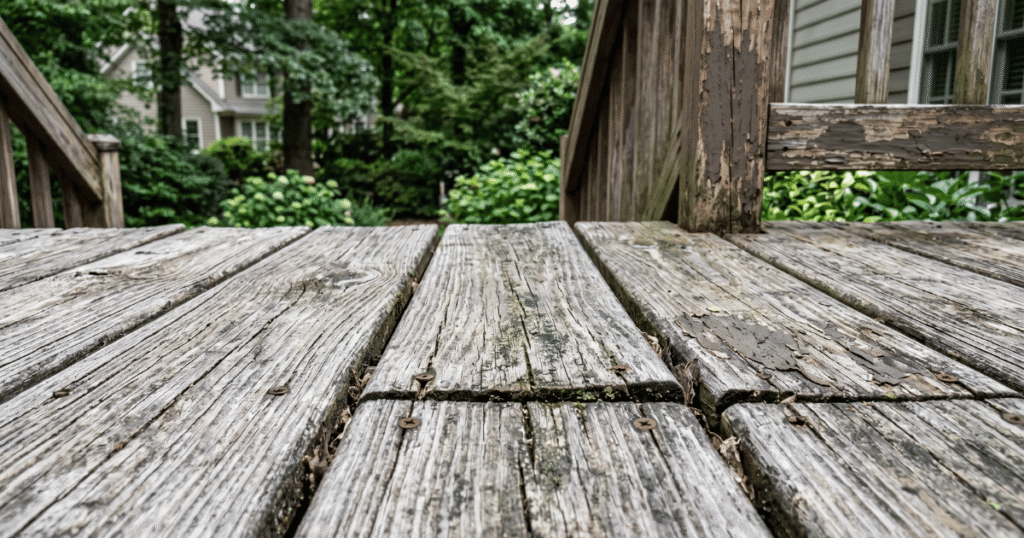 Close-up of a weathered, aging wood deck in a Dunwoody Georgia backyard. Boards are gray, faded, and dry with visible wood grain, slight mold spots, and peeling old stain
