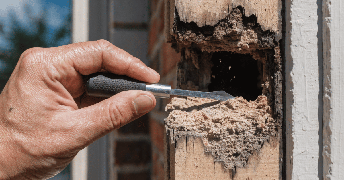 Person performing the wood rot poke test — pressing a flathead screwdriver into soft, rotted exterior wood trim on a house