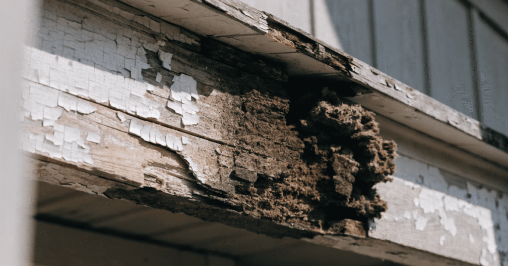 The wood shows dark brown and black discoloration, peeling white paint, soft spongy texture, and visible decay