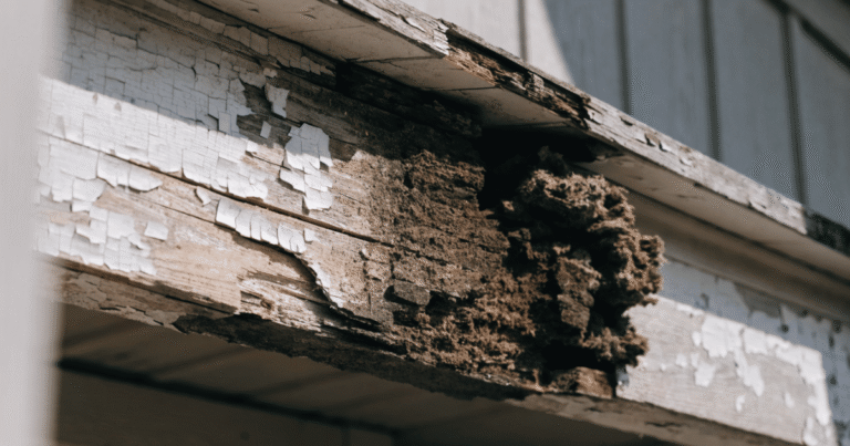 The wood shows dark brown and black discoloration, peeling white paint, soft spongy texture, and visible decay