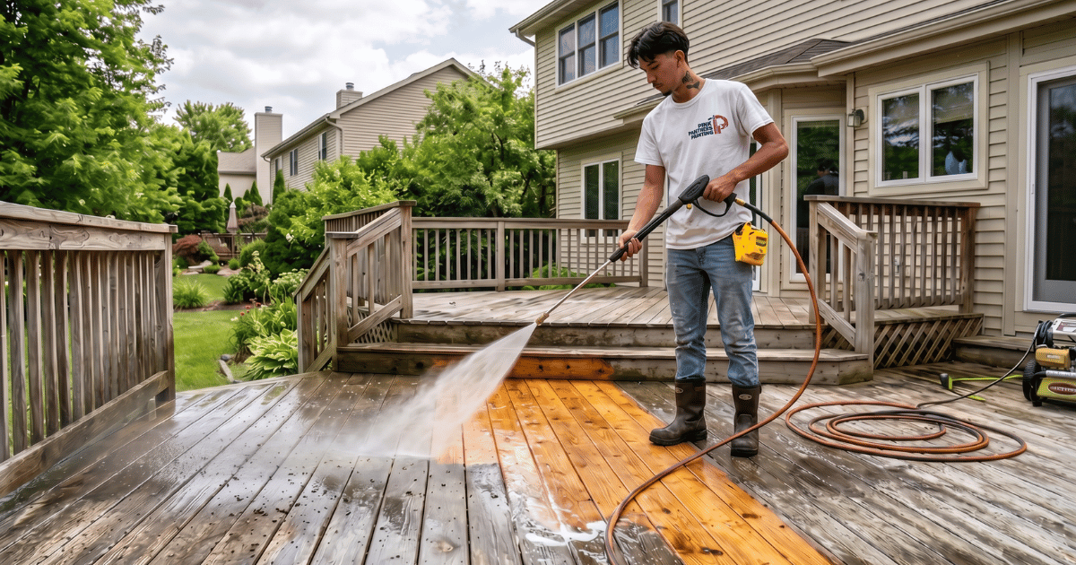 power washing a wood deck on a residential home. High pressure water cleaning the gray weathered boards, dirt and old stain being removed