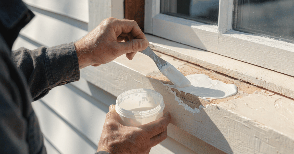 two-part wood epoxy filler to a repaired exterior window sill or trim board on a residential home. The damaged area has been cleaned and prepped
