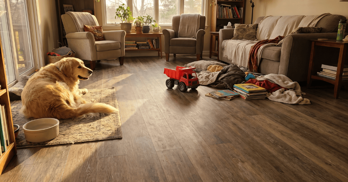 Dog resting on pet friendly LVP flooring in a family room