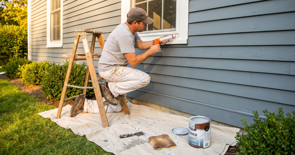 Painter caulking window trim as part of exterior painting prep