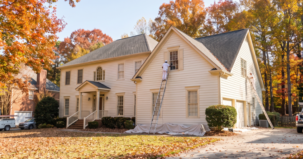 Painters working on a home exterior in Snellville during fall